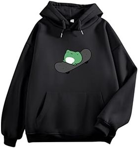 KEEVICI Women's Cute Sweatshirts Skateboarding Frog Long Sleeve Hoodie Pullover Tops, Black Pocket, Medium