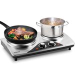 Double Hot Plate, CUSIMAX Electric Plate for Cooking Portable Hob, Cooktop Table Top Hob with 2 Cast Iron Rings Burner Dual Temperature Control Stainless Steel, Silver (ES-3206)