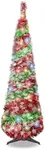 Pop Up Christmas Tree, 5FT Collapsible Artificial Christmas Tree with 90 LED Lights, Tinsel Small Pencil Christmas Tree for Home Holiday Fireplace Party Indoor Outdoor Xmas Decorations (Red&Greeen)