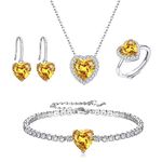 EleQueen Wedding Bridal Jewelry Set for Women, Cubic Zirconia Brown Heart Pendant Necklace Open Ring Hook Dangle Earrings Tennis Bracelet Set, Birthday Anniversary Mothers Day Christmas Jewelry Gift for Mom/Wife/Friend