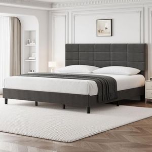 GarveeHome King Bed Frame, Linen Upholstered Platform King Bed Frame with Height Adjustable Headboard, Metal Frame King Bed Frame with Strong Wood Slats and Support Legs, No Boxing Needed, Gray
