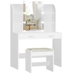 FIONESO Vanity Desk with Mirror & Stool, Makeup Vanity Table with 10 Lights, 6 Storage Shelves & 2 Large Drawers, Vanity with 3 Lighting Color Adjustable for Women and Girls, Bedroom, White