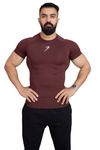 FUAARK Men's Half Sleeve Compression T-Shirt - Athletic Base Layer for Fitness (Brown, XL)