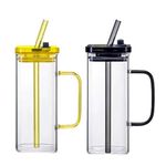 KiKiluxxa Random Clour Glass Fruit Juice Soda Milk Sipper Tumbler Mug with Acrylic/Wooden Lid and Glass Straw - 400ml - Pack of 2 - Tea and Coffee Cup Can Set (Toronto Lid Tumbler 2)