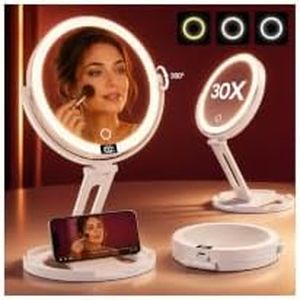 Travel Makeup Mirror with Lights, 1X/30X Double-Sided Magnifying Mirror