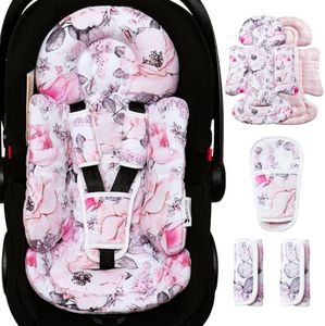 BOMOLOUR Infant Car Seat Insert, Enlarged Head Support For Baby Carseat, Reversible Newborn Insert With 3 Strap Covers, 2-in-1 Soft Cushion for Stroller, Baby Swing, Bouncer, Rocker, 1Pcs, Pink Floral