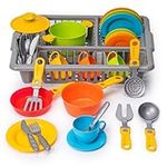 Play Dishes for Kids Kitchen | Pretend Play Kitchen Dishes Set with Drainer | Toy Dishes Kit | Pretend Dishes Cookware Set | Fun and Colorful | Childrens Durable Tableware Playset (33 Pcs)