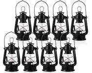 Hortsun 8 Pcs Vintage LED Camping Lanterns 12 Warm LEDs and Dimmer Switch Battery Operated Metal Hurricane Lantern Decorative Hanging Lantern for Indoor Outdoor Usage Decor, Black (8 Inch)