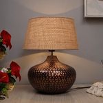 Homesake® Antique Hammered Table Lamp Oil-Rubbed Bronze Metal Linen Drum Shade for Living Room Family Bedroom, (Gourd, Jute)