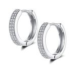 Small Silver Hoop Earrings for Women Men | Sterling Silver Post Double-row Cz Cubic Zirconia Pave Hinged Huggie Hoops Cartilage Helix Earings, Piercings Jewelry (12mm)