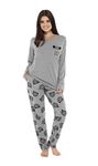 Daisy Dreamer Pyjama Set Women's Bear & Frenchie Cotton Jersey Pyjamas Lounge Wear Long Sleeve Grey PJs, Medium (UK 12-14), Bear