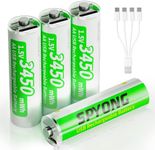 SPYONG USB Rechargeable AA Batteries, Lithium Ion 3450mWh 1.5v Rechargeable Batteries with 4-in-1 USB-C Charging Cable, Over 1500 Cycles, Charges 40 Minutes, LED Charge Indicator, 4-Pack