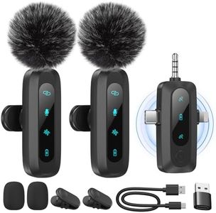 Wireless Lavalier Microphone for iPhone, iPad, Android – 2-Pack Mini Mic with Noise Reduction, Auto Pairing, 3.5mm & Lightning Receiver for Vlogging, TikTok, YouTube