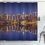 ABAKUHAUS Landscape Shower Curtain, Cityscape Scenery of New York City at Midnight Usa Ocean Reflection Coast Photo, Cloth Fabric Bathroom Decor Set with Hooks, 78 Inches, Multicolor