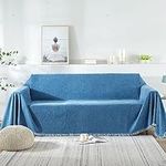 Daesar Couch Covers Chenille, Sofa Cover 1 Seater Solid Color with Tassels Versatile Soft Throw Blankets for Bed Couch and Sofa Chair 180x90CM, Blue