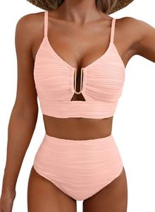 Herseas Women's Ribbed Bikini Set Spaghetti Strap U Wire V Neck 2 Piece Swimsuits High Waisted 2026 Summer Casual Beach Outfits Beautiful Bathing Suit Baby Pink Large