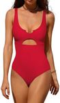 Charmo Women One Piece Bathing Suit Tummy Control Swimwear Scoop Neck Backless Swimming Costume Red M