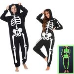 maxToonrain Skeleton Costume Men,Unisex Halloween Onesie Zippered Hoody Couple Onesies Christmas Family Matching Pyjamas Set for Women Men(Women,L)