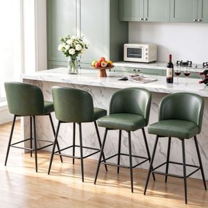 VATROS Counter Height Bar Stools Set of 4, 360° Swivel Upholstered Barstools with Backs and Metal Legs, 26" H Seat Height, Faux Leather in Green