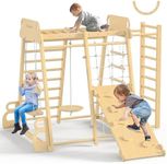 Upgraded Indoor Playground 9-in-1 Jungle Gym Kids Climbing Toys, Montessori Waldorf Style Wooden Climber Playset with Slide, Swing, Monkey Bars, Upright/Rope Ladder, Climbing Rocks/Net/Ladder, Natural