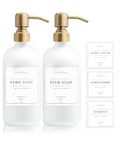 Vine Creations Clear Glass Soap Dispenser, 2 Pack Kitchen Soap Dispenser Set with Stainless Steel Pump, with Waterproof Labels (White Bottles + Brushed Brass)