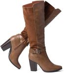katliu Women's Heeled Knee High Boots Zip Up High Chunky Heeled Boots Brown