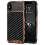 TENDLIN Compatible with iPhone XS Max Case Wood Grain with Carbon Fiber Texture Design Leather Hybrid Slim Case Compatible with iPhone XS Max Black