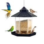 Garden’s Need Hut Shape Bird Feeder Grey 21x21x22cms with 360° Perch, Transparent Grain Holder, 82cms Stainless Steel Wire| Hanging Mount for Outdoor, Gardens & Balconies