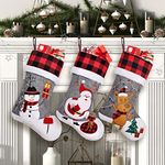 Elegantpark Christmas Stockings 3 Pack Large Burlap Christmas Stocking Embroidery Applique Xmas Stockings for Farmhouse Fireplace Hanging Decorations Grey Plaid Christmas Stockings for Family Kids