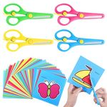 4 Pcs Kids Scissors with 93 Colorful Animal Paper-Cuts, Childrens Safety Stainless Steel Scissors Safety Edge Plus Stretch Design Right/Left Handed Scissors