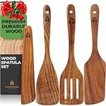 Wooden Spatula for Cooking, Kitchen Spatula Set of 4, Natural Teak Wooden Utensils Including Wooden Paddle, Turner Spatula, Slotted Spatula and Wood Scraper. Nonstick cookware.