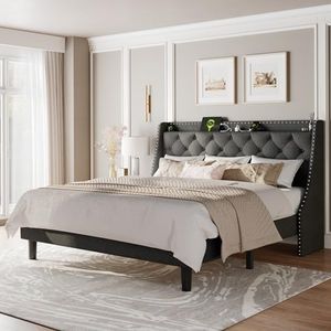 Feonase King Size Bed Frame with Luxury Wingback and Fast Charging Station, Upholstered Button Tufted Storage Headboard, King Platform Bed, Heavy Duty Wooden Slats Support, Easy Assembly, Dark Gray