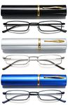 VEVESMUNDO Blue Light Blocking Reading Glasses Portable Metal Lightweight Stylish Rectangle Readers Glasses in Tube Case +1.0,+1.5,+2.0,+2.5,+3.0,+3.5,+4.0