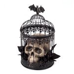 FLOROAD Skull Statue with Black Roses in Metal Cage, Gothic Faux Human Head Ornament, Halloween Skull Decoration for Home Table-Top, Shelf, Mantle