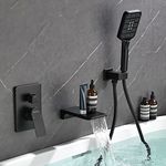 Wall Mount Waterfall Bathtub Faucets with Sprayer Tub Filler Faucet Tub Shower Faucet Set with Rough-in Valve Trim Kit Matte Black