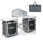 COSTWAY Folding Camping Table with Windshield and Carrying Bag, Outdoor Garden Kitchen Mesh-Door Storage Cabinet Shelves, Stove Burner Gas Organizer BBQ Picnic Table, 172 X 48 X 110cm (Grey)