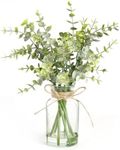 Muhanjia Artificial Eucalyptus Stems in Glass Vase with Faux Water,7Pcs Fake Plant Eucalyptus Leaves for Centerpiece Bathroom Farmhouse Room Home Decor (Sage Green Eucalyptus)