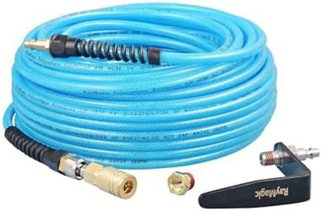RayMagic Air Compressor Hose 1/4 Inch x 100 Feet Flexible Reinforced Polyurethane (PU) Air Hose 300PSI with Brass Fittings, Strain Reliefs, 1/4" 360 Swivel Coupler and Plug,1PCS Hook For Nailer, Blue