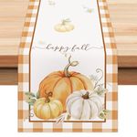 Bonhause Autumn Pumpkins Table Runners for Kitchen Dinning Table Decoration, Buffalo Plaid Fall Thanksgiving Table Runner for Indoor Outdoor Home Holiday Party Decor(33 x 183 cm)