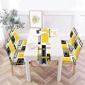 MCALK Abstract Yellow Chair Covers Set of 4 and Table Runner,Stretch Yellow Chair Slipcovers for Kitchen,Washable Removable Chair Protector Modern Chair Covers for Dining Room