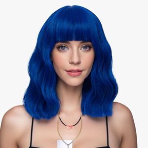 Short Bob Wavy Wig with Air Bangs for Women, Heat Resistance Shoulder Length Curled Wigs for Daily Use, Cosplay and Theme Parties- 36cm , Royal Blue