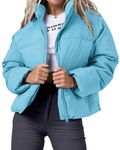 NORTH FARER Womens Winter Puffer Jacket Cropped Long Sleeve Zip Up Baggy Short Down Coats with Pockets, Blue, X-Large