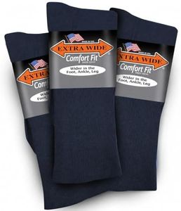 Extra Wide Dress Socks - Exceptional Stretch and Comfort, Wide Foot, Ankle & Calf, Light Weight Material, Crew Length Fit - 3 Pack, Fits Up to 6E Width, Non-binding - Made in USA - Navy, Medium