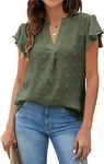 Blooming Jelly Womens White Blouse V Neck Ruffle Sleeve Flowy Shirts Dressy Casual Cute Summer Tops, Army Green, Medium