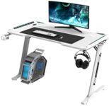 Ekkio RGB Light Gaming Desk Z Shaped with Cup Holder Headphone Holder, Ergonomic, Workstation Computer Desk Carbon Fibre Textured, Stable Structured Frame, Anti-Slip Foot Pad (White, 140 * 60 * 73cm)