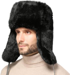 Trapper Hat Men Russian Ushanka Hat Faux Rabbit Fur Aviator Earflap Hat Windproof Hat for Winter Hunting Skiing, Black, Medium-Large