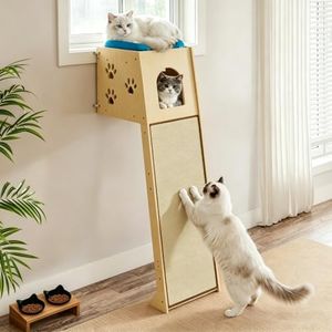 Wall Mounted Cat Tree with Detachable Sisal Scratcher Ramp, Wooden Cat Cave House with Top Bed & 2 Washable Cushions, Space-Saving Wall Furniture for Indoor Cats (24"x16"x55")