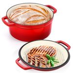 2 in 1 Enameled Cast Iron Dutch Oven, 5.5QT Enamel Dutch Oven with Skillet Lid, Gas, Induction Compatible, Red