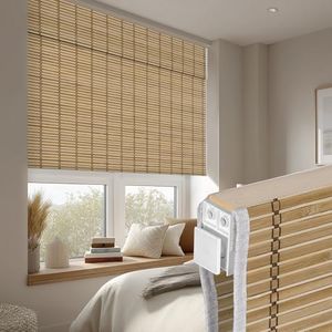 Doing-X No Drill Bamboo Roman Shades, No Tools Roman Blinds for Indoor Windows, Room Darkening Natural Cordless, UV Protection Easy Install Bedroom Living Room, Chestnut Weave,Custom Size