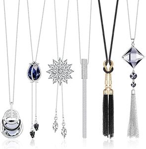 LOLIAS 6 PCS Long Pendentif Colliers pour Femmes Filles Strass Fleur Gland Collier Brins Y Simple Colliers Chandail Chaîne Déclaration Collier Ensemble Argent